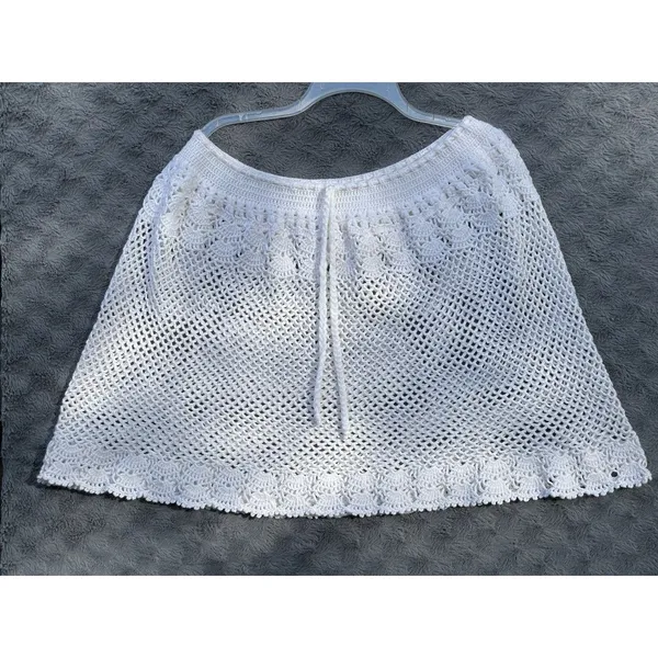 Vintage Handmade Crochet Lace Skirt Cover Up White Boho Festival Drawstring M - Image 4