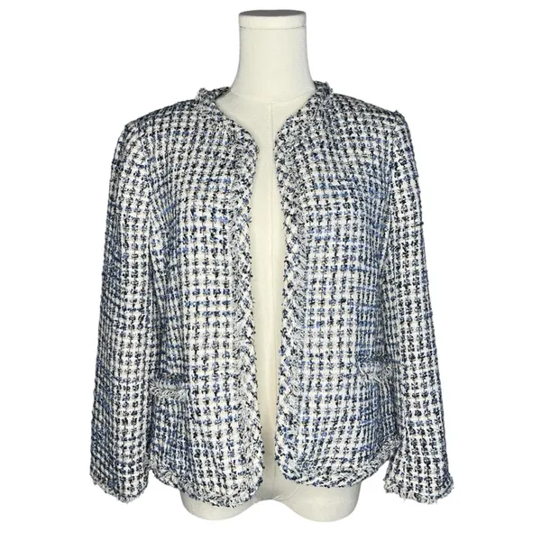 NEW Ann Taylor Blue Tweed Glitter Open Front Fringe Blazer Jacket Preppy Office - Image 2