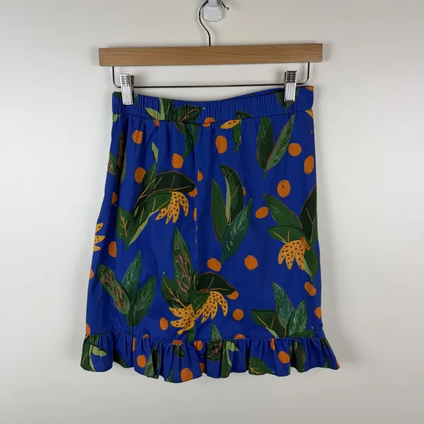 NWT Farm Rio Anthropologie Ruched Mini Skirt Small Blue Tropical‎ Fruit Vacation - Image 4