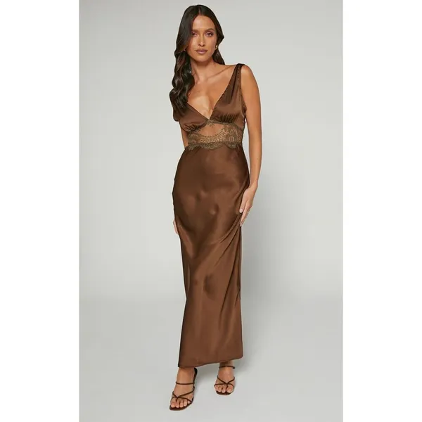 ✨Juliet Midi Dress - V Neck Lace Insert Satin Slip Sz 6 Dress In Chocolate✨ - Image 5