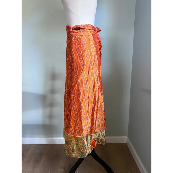 Boho Reversible Wrap Midi Skirt Orange Green fes Paisley Floral retro whimsigoth - Image 3