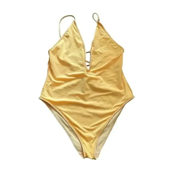 Yellow Beachy Cut Out Plunge One Piece Adjustable Straps Swimming Suit Sz M/L - Image 4