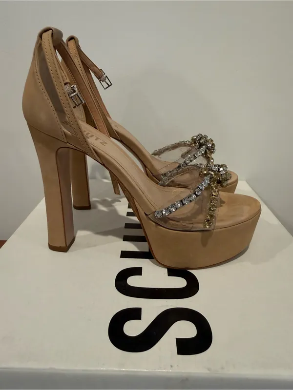 SCHUTZ Nude Crystal-Strap Open-Toe Heels - Image 4