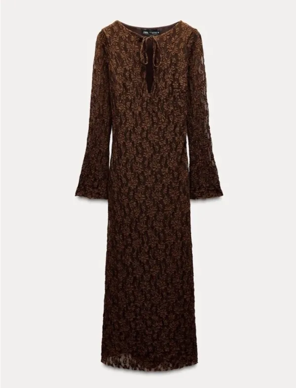 Zara Brown Lace Long-Sleeve Midi Dress - Image 7
