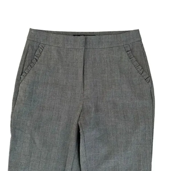 Zara Basic Gray Plaid Ruffle Pockets High Waist Straight Leg Pants SZ S #2010 - Image 5