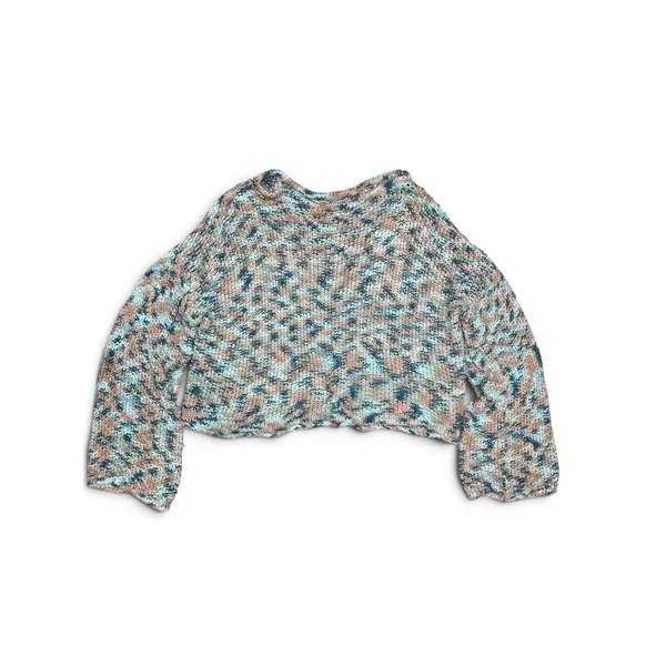 Handmade Chunky Knit Boat Neck Sweater Blue Pink Marled Bell Sleeve Pullover - Image 7