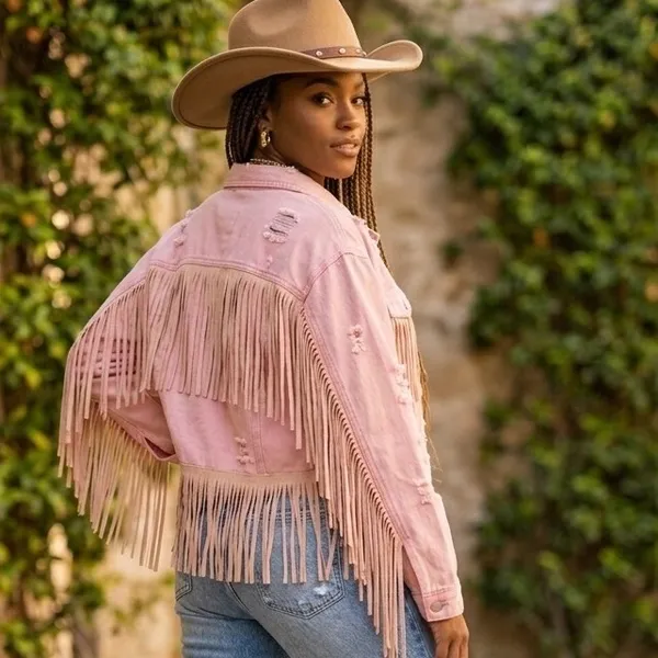 Cropped Pink Distressed Fringe Denim Jean Jacket L Western Cowgirl Festival - Image 2
