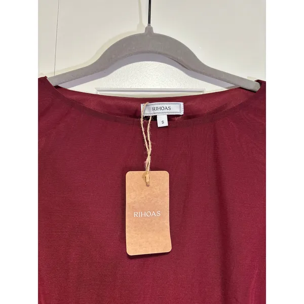 RIHOAS Women's Burgundy Mesh Bell Sleeve Mini Dress Size S NWT - Image 7