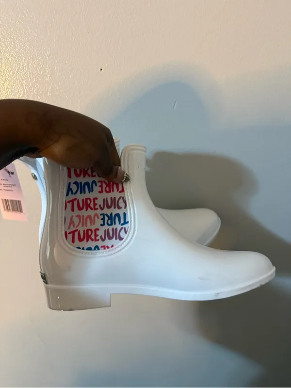 Juicy Couture White Chelsea Rain Boots with Multicolor Logo Panels - Image 5