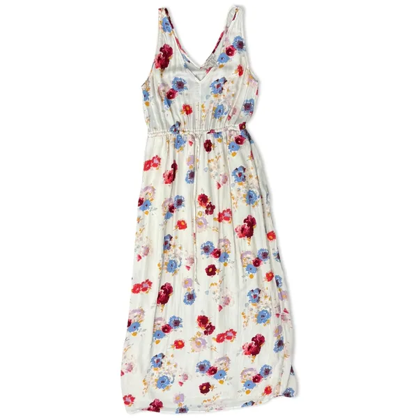 Lucky Brand Ivory Red Blue Floral Sleeveless Tie Waist V-Neck Maxi Dress size S - Image 10