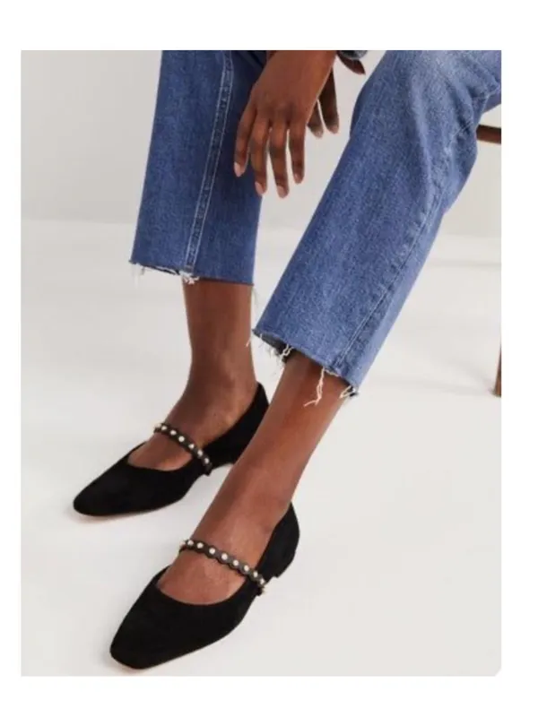 Boden Black Mary Jane Ballet Flats Pearl Strap Suede Size 37 Academia Office - Image 2