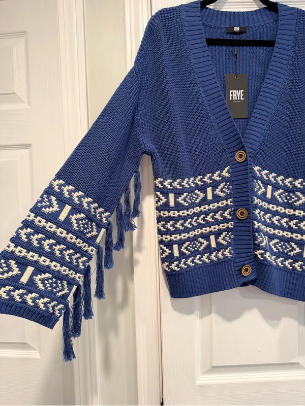 NWT FRYE Size M Blue Cream Fair Isle Fringe Cotton Button Cardigan Sweater Boho - Image 6
