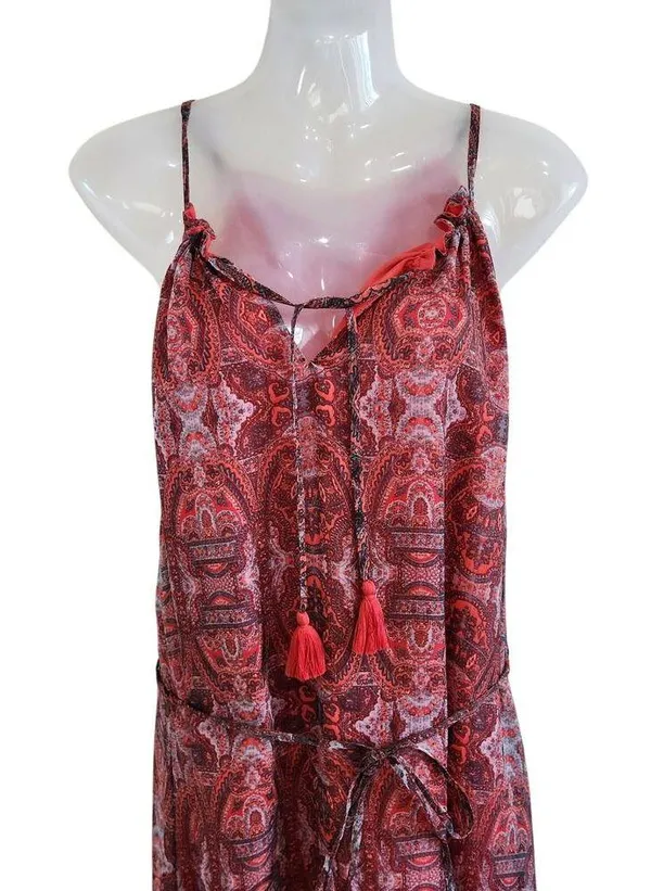 Lucky Brand Paisley Chiffon Overlay Hi Low Tassel Belted Red Size Medium - Image 3