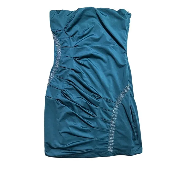 Nikibiki Teal Green Beaded Strapless Ruched Bodycon Mini Dress Womens‎ Small - Image 2