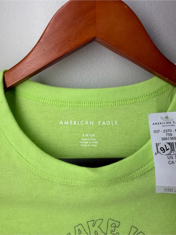 American Eagle Take It Easy Turtle‎ Graphic Baby Tee Neon Green Y2K Fitted Top - Image 4
