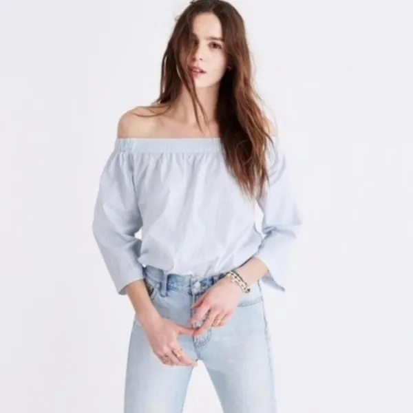 Madewell Clean Off-the-Shoulder Swing Top Shirt in Blue &‎ White Stripe Size XXS - Image 3