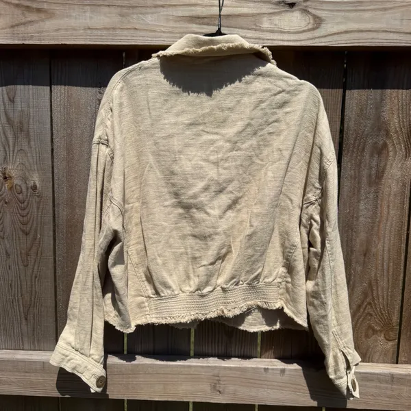 Zara Beige Linen Blend Cropped Jacket Frayed Hem Boho Tan Medium - Image 3