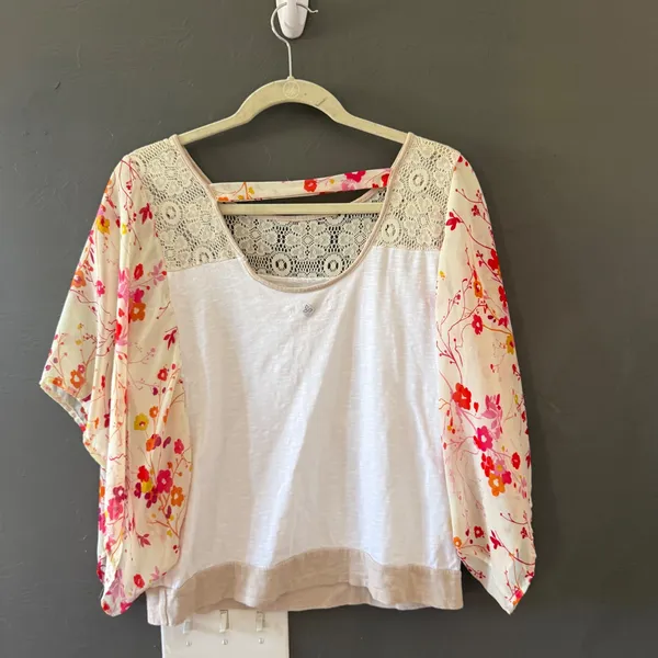 prAna Womens Small Boho Mixed Media Floral‎ Kimono Sleeve Crochet Lace Top White - Image 5