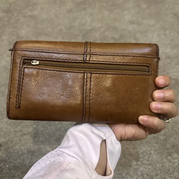 Fossil Brown Leather Continental Wallet Turn Lock Zip Coin Pocket‎ Trifold - Image 3