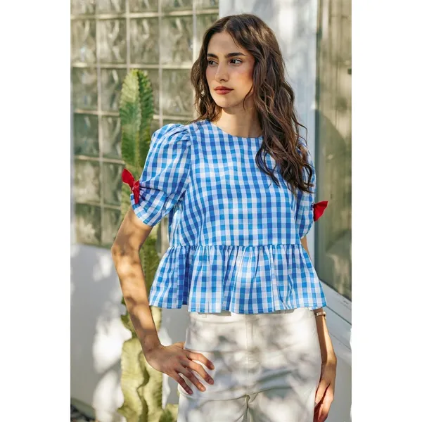 SO ME 4th Of July Gingham Ribbon Detail Short‎ Sleeves Blouse - Medium - Image 4
