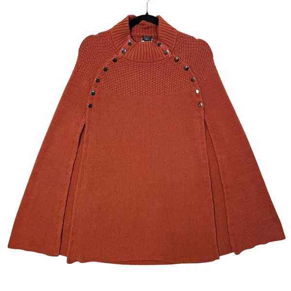 GILI M/L Cape Sweater Terracotta Orange Mock Neck Snap Button Poncho Fall‎ Cozy - Image 4