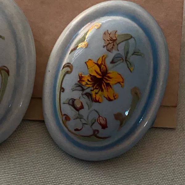 Vintage Enamel Pierced Earrings Blue Floral Flower Flowers 1.25” H Oval - Image 3