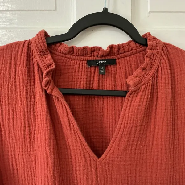 DREW Anthropologie 100% Cotton Gauze Tiered Dress M Rust Orange Boho Fall - Image 2