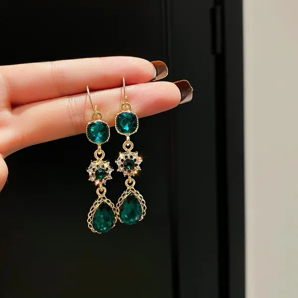 Elegant green crystal long dangle drop earrings for women - Image 3