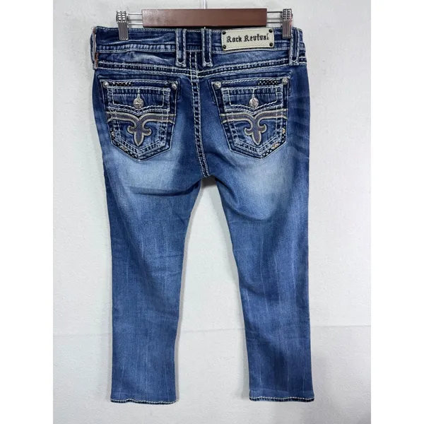 Rock Revival Women's 29 Blue Jeans Patia Straight Crop Embellished‎ - Image 3