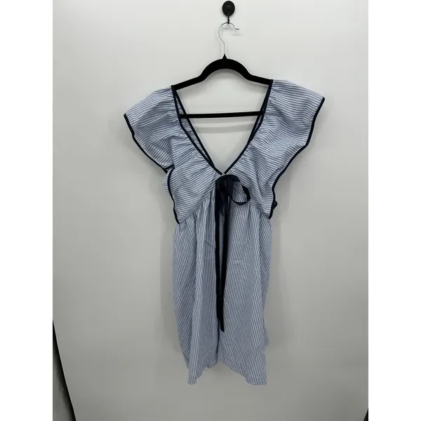 SheIn Womens L Blue White Striped Ruffle Mini Dress Tie Front Coastal Nautical Preppy - Image 4