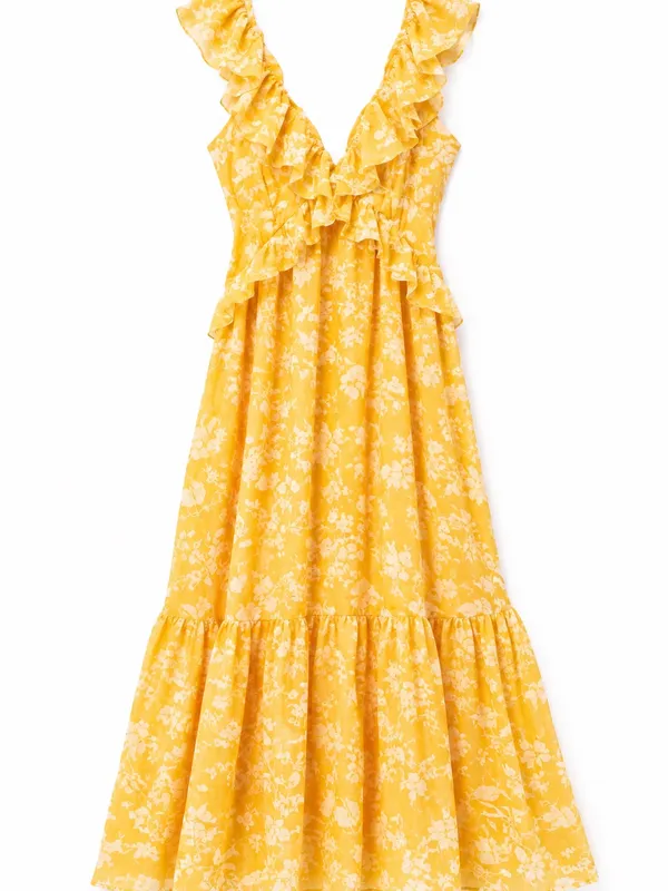 Abercrombie & Fitch Maxi Dress Womens MP Yellow Excellent Floral Ruffle Cutout - Image 3