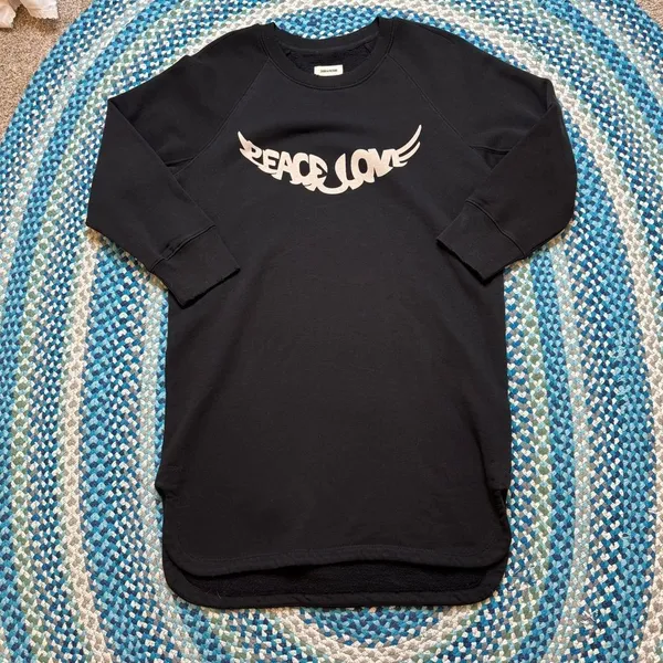 Zadig & Voltaire Diaz Peace Love Black Sweatshirt Mini Dress NWT Women's‎ L M - Image 5
