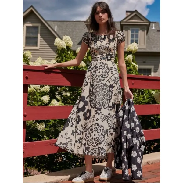 Free People Bohemian Ultraviolet Midi Maxi Dress Black White Floral Medium - Image 4