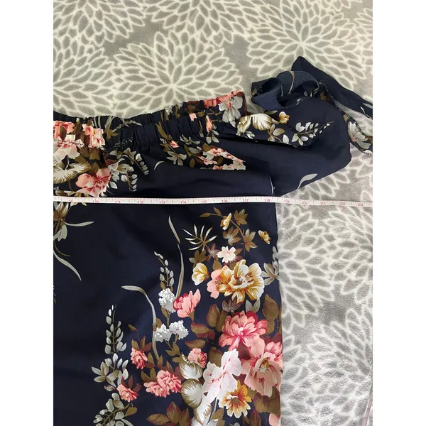 Navy Blue Floral Off the Shoulder Mini Dress Small Tie Sleeve Boho‎ Chic Summer - Image 3