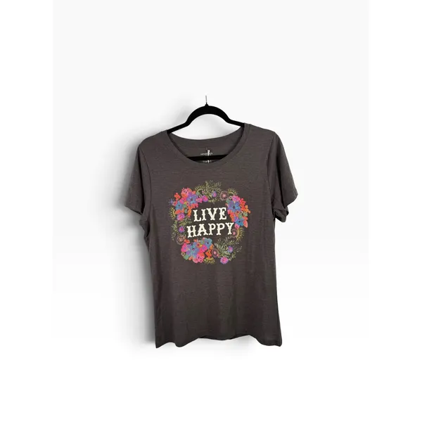 Natural Life 'Live Happy' Floral Grey T-Shirt Cotton Boho Graphic NEW Womens XL - Image 2