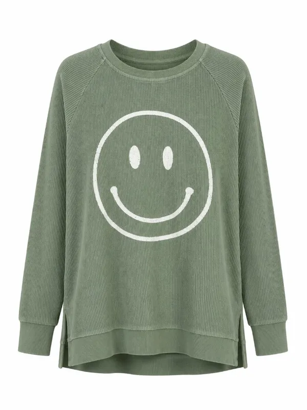 Altar’d State Green Ribbed Smiley Face Oversized Pullover S - Image 2