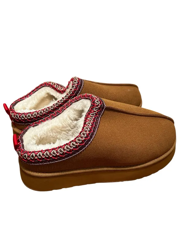 Women’s Size 40 Platform Slippers Suede Fluffy Soft Lined Brown Embroidered Trim - Image 5