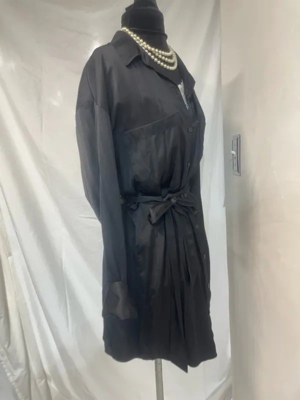 Abercrombie & Fitch Black Satin Button-Front Long Sleeve Shirt Dress w/Tie Belt - Image 5