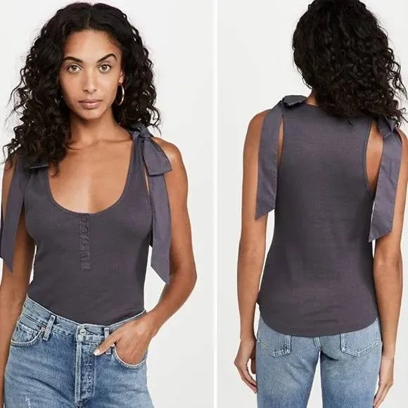 Ulla Johnson Tank Top Women P Grey Ribbed Cotton Tie Shoulder Henley Scoop Neck‎ - Image 2