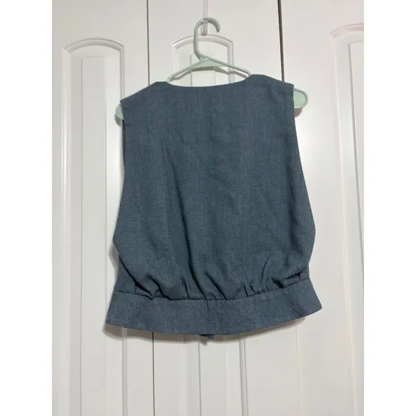 Vintage Wrap Front Cropped Vest Slate Blue Teal Pinstripe Lining Woven Buttons - Image 6