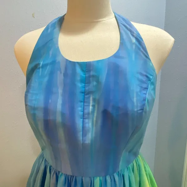 Vintage‎ Handmade Halter Dress Blue Green Watercolor Fit and Flare Fairy Dress 4 - Image 3