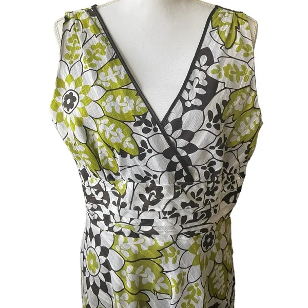 Amanda Lane Women‎ Retro Mod Floral Midi Dress 14 Green Brown V-Neck A-Line - Image 3