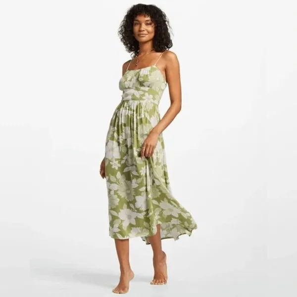 Billabong Green Ivory Your Babe Floral‎ Midi Lightweight Dress Medium - Image 9