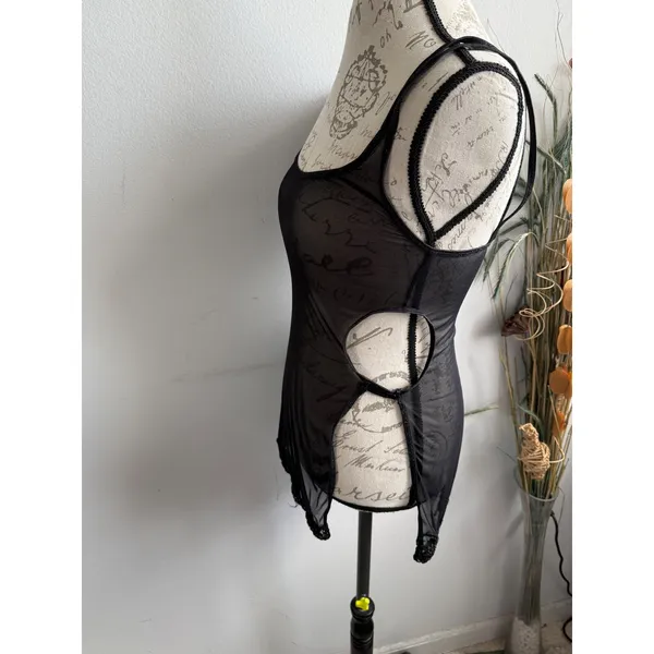 Victorias Secret Black‎ Sheer Mesh Script Print Chemise Side Cut Out Lace Trim S - Image 3