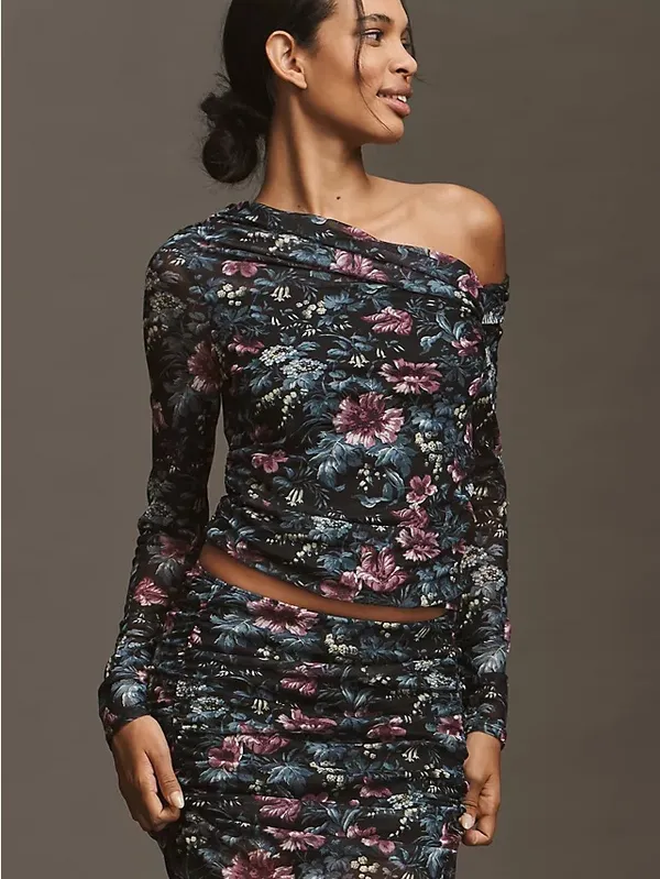 Anthropologie Mesh Off-Shoulder Asymmetrical Floral Ruched Top - Image 2