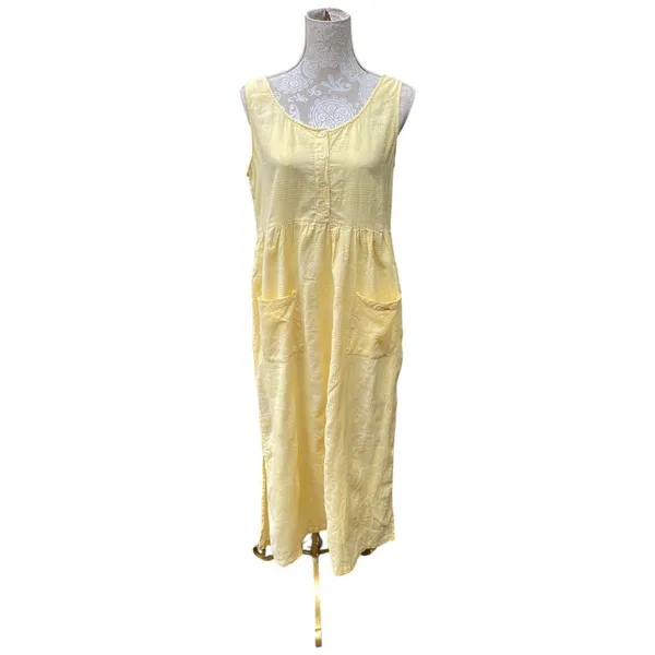 Vtg SITA Butter Yellow Sundress M Cotton Cottage Cabin Boho Plaid Texture Pocket - Image 8