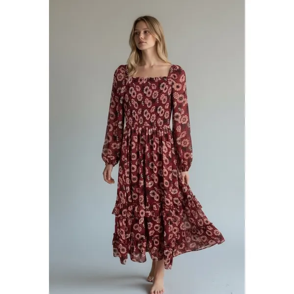 Teens Burgundy Floral Print Square Neck Long Sleeve‎ Tiered Ruffle Midi Dress 16 - Image 2