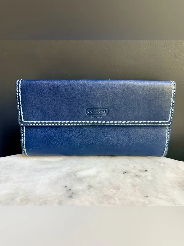 Vintage Coach Blue Leather Turnlock Checkbook Wallet Contrast Stitching - Image 2
