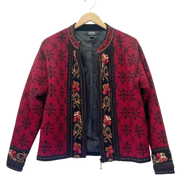 Icelandic Design Wool Cardigan Sweater M Red Nordic Embroidered Floral Full Zip - Image 3
