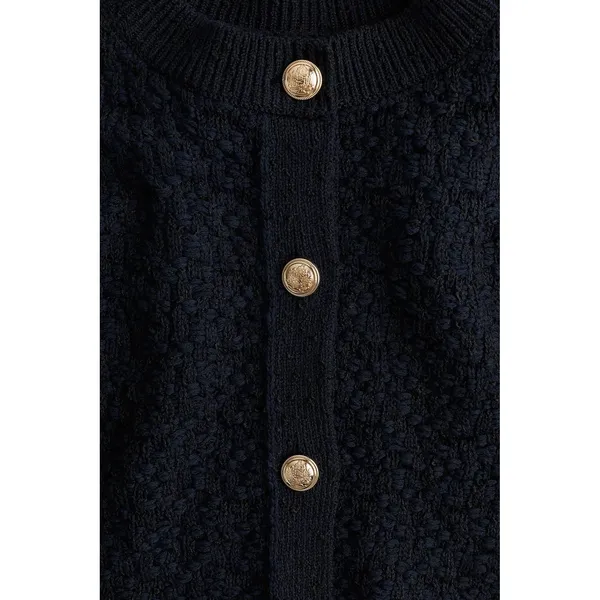 NWT H&M Textured Knit Cardigan Womens S Navy Blue Gold Crest Button Old‎ Money - Image 2